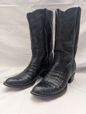 Lucchese Black Crocodile-Textured Leather Western Boots